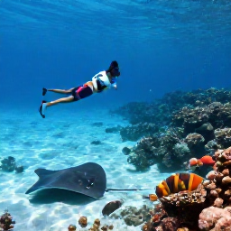 Caribbean Holidays, Cayman Islands May, Snorkellers viewing colourful reef fish and stingrays in clear shallow water around the Cayman Islands