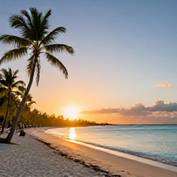 Caribbean Holidays, Cayman Islands May, Sunset over a quiet Cayman Islands beach with palm trees, calm turquoise water and warm golden light