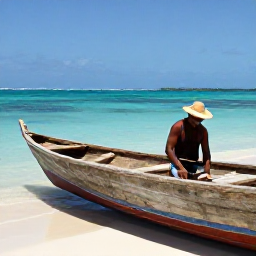 Caribbean Holidays, Cayman Islands May, Traditional Caymanian boat-building scene with a craftsman working on a wooden boat beside the coast