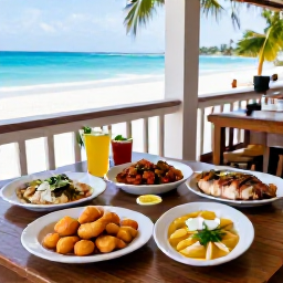 Caribbean Holidays, Cayman Islands May, Traditional Caymanian food served at a casual seaside restaurant, including fresh fish, fritters and local specialities