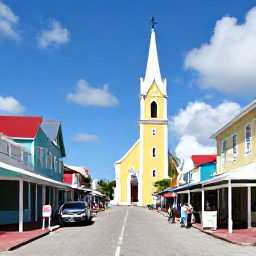 Caribbean Holidays, Cayman Islands May, Visitors exploring George Town in Grand Cayman, with colourful buildings, a historic church and local shops under bright Caribbean sunshine