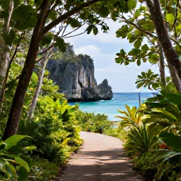 Caribbean Holidays, Cayman Islands Nature, A peaceful nature trail through Cayman Brac woodland leading towards rugged limestone cliffs and the sea