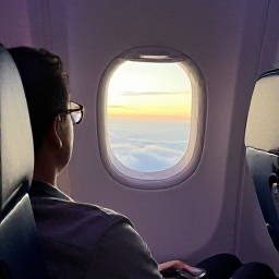 Caribbean Holidays, Cayman Islands November, A business class passenger relaxing in a comfortable aircraft seat, looking out towards a bright Caribbean sunrise over the Cayman Islands