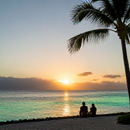 Caribbean Holidays, Cayman Islands November, A peaceful Cayman Islands sunset with palm trees, calm turquoise sea and a couple enjoying the final evening of their November holiday