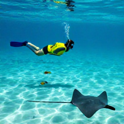 Caribbean Holidays, Cayman Islands November, A snorkeller observing colourful tropical fish and stingrays in clear shallow water near Grand Cayman