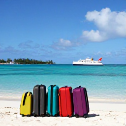 Caribbean Holidays, Cayman Islands November, A travel scene combining the Cayman Islands with another Caribbean destination, luggage, a small ferry or aircraft and tropical coastlines under blue skies