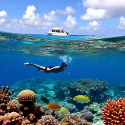 Caribbean Holidays, Cayman Islands November, Visitors snorkelling above a colourful coral reef near Grand Cayman, with tropical fish, bright water and a small boat in the background