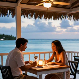 Caribbean Holidays, Cayman Islands October, Couple dining at an open-air waterfront restaurant in the Cayman Islands on a warm evening