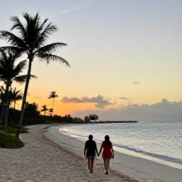 Caribbean Holidays, Cayman Islands October, Couple walking along a peaceful Grand Cayman beach at sunset, with soft golden light, palm silhouettes and calm Caribbean water