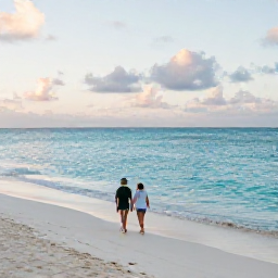 Caribbean Holidays, Cayman Islands October, Couple walking along a quiet white-sand beach in the Cayman Islands at golden hour, with calm turquoise sea