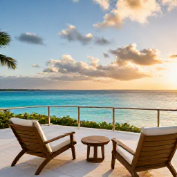 Caribbean Holidays, Cayman Islands October, Elegant adults-only resort terrace overlooking turquoise Caribbean water at sunset in the Cayman Islands