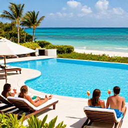 Caribbean Holidays, Cayman Islands October, Guests relaxing beside an all-inclusive resort pool overlooking the Caribbean Sea on Grand Cayman, with tropical gardens, loungers and refreshing drinks