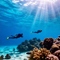 Caribbean Holidays, Cayman Islands October, Snorkellers viewing colourful fish and coral in clear shallow water near Grand Cayman, with sunlight shining through the Caribbean Sea