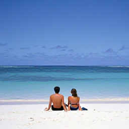 Caribbean Holidays, Cayman Islands September, Adult couple relaxing on a quiet white-sand beach in Grand Cayman, calm turquoise Caribbean sea, September sunshine