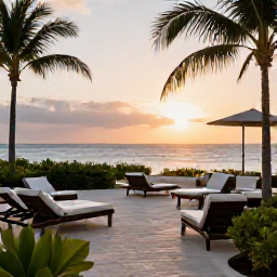 Caribbean Holidays, Cayman Islands September, Elegant adults-only resort terrace overlooking the Caribbean at sunset, comfortable loungers and tropical landscaping in Grand Cayman