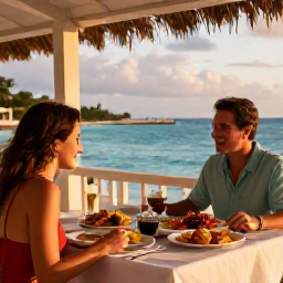 Caribbean Holidays, Cayman Islands September, Friendly couple dining at an open-air restaurant beside the sea in Grand Cayman, fresh seafood and warm evening light