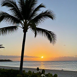 Caribbean Holidays, Cayman Islands September, Grand Cayman sunset over the sea with palm trees in the foreground, warm light and a relaxed beach atmosphere