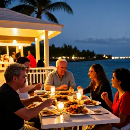 Caribbean Holidays, Cayman Islands September, Relaxed evening at a Cayman Islands waterfront restaurant, local seafood dishes, warm lights and people enjoying a friendly Caribbean atmosphere