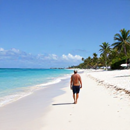 Caribbean Holidays, Cayman Islands Solo Holidays, Lone traveller walking along the white sands of Seven Mile Beach, Grand Cayman, with clear turquoise water and palm trees