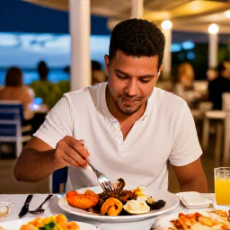 Caribbean Holidays, Cayman Islands Solo Holidays, Solo diner enjoying fresh Caribbean seafood at an outdoor restaurant in Grand Cayman during a warm February evening