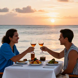 Caribbean Holidays, Cayman Islands Solo Holidays, Solo traveller dining at an outdoor seaside restaurant in Grand Cayman at sunset, Caribbean dishes on the table