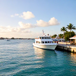Caribbean Holidays, Cayman Islands Tours, A bright Caribbean morning at George Town harbour in Grand Cayman, with tour boats, clear turquoise water and palm trees
