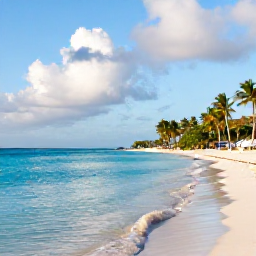 Caribbean Holidays, Cayman Islands Tours, A bright July morning on Seven Mile Beach in Grand Cayman, with calm turquoise water, white sand and palm trees under a partly cloudy sky