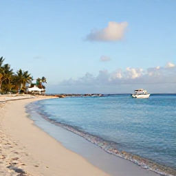 Caribbean Holidays, Cayman Islands Tours, A bright morning scene at Seven Mile Beach in Grand Cayman, with calm turquoise water, white sand, palm trees and a small tour boat offshore