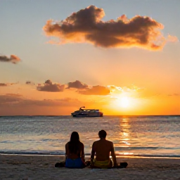Caribbean Holidays, Cayman Islands Tours, A couple relaxing on a quiet Cayman Islands beach at sunset after a day of sightseeing and boat tours
