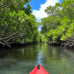 Caribbean Holidays, Cayman Islands Tours, A guided kayak tour through calm mangrove channels in Grand Cayman, surrounded by green coastal vegetation and clear water
