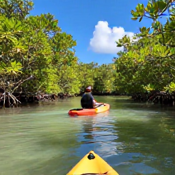 Caribbean Holidays, Cayman Islands Tours, A guided kayak tour through the calm mangrove wetlands of Grand Cayman, surrounded by green coastal vegetation and clear shallow water
