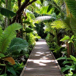 Caribbean Holidays, Cayman Islands Tours, A guided walk through lush woodland on Grand Cayman, with native plants, a wooden trail and dappled sunlight
