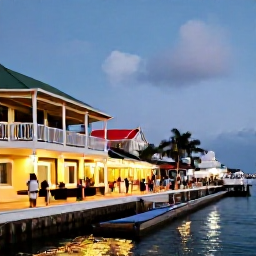 Caribbean Holidays, Cayman Islands Tours, A relaxed evening in George Town, Grand Cayman, with local restaurants, colourful buildings and visitors strolling near the waterfront