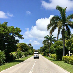 Caribbean Holidays, Cayman Islands Tours, A scenic road through Grand Cayman countryside with tropical greenery, blue sky and a tour vehicle stopping at a viewpoint
