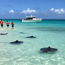 Caribbean Holidays, Cayman Islands Tours, A small excursion boat approaching Stingray City sandbar near Grand Cayman, with visitors standing in clear shallow water and stingrays nearby