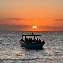 Caribbean Holidays, Cayman Islands Tours, A small sunset cruise off Grand Cayman with guests relaxing on deck as the sky turns orange over calm Caribbean water