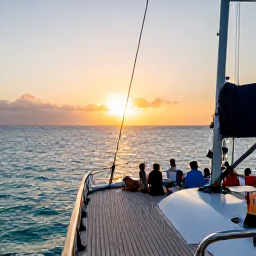 Caribbean Holidays, Cayman Islands Tours, A sunset catamaran cruise off the Cayman Islands, with passengers relaxing on deck and the sun setting over calm turquoise sea