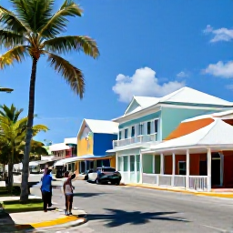 Caribbean Holidays, Cayman Islands Tours, Friendly local guide leading visitors through George Town, Cayman Islands, with colourful buildings and palm trees