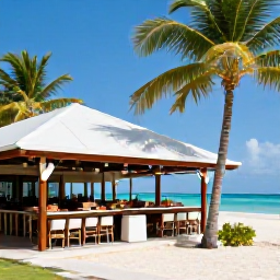 Caribbean Holidays, Cayman Islands Tours, Open-air Caribbean restaurant serving fresh seafood beside a palm-lined beach in the Cayman Islands