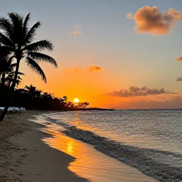 Caribbean Holidays, Cayman Islands Tours, Peaceful Grand Cayman beach at sunset in September, with gentle waves, palm trees and warm golden light
