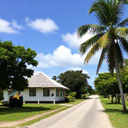Caribbean Holidays, Cayman Islands Tours, Scenic road through Cayman&rsquo;s lush interior with a traditional island house, palm trees and blue sky