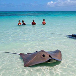 Caribbean Holidays, Cayman Islands Tours, Visitors swimming beside gentle southern stingrays in shallow clear water at Stingray City, Grand Cayman