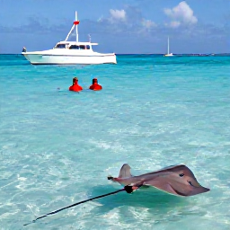 Caribbean Holidays, Cayman Islands Tours, Visitors swimming with friendly southern stingrays in clear shallow water at Stingray City, Grand Cayman, with a boat nearby