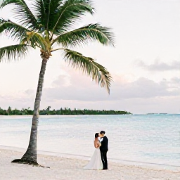 Caribbean Holidays, Cayman Islands Weddings, Bride and groom beside a calm turquoise sea on a Cayman Islands beach in August, with palm trees and soft afternoon light