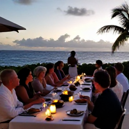 Caribbean Holidays, Cayman Islands Weddings, Cayman Islands wedding reception at sunset with tropical dishes, candles and guests enjoying an outdoor terrace