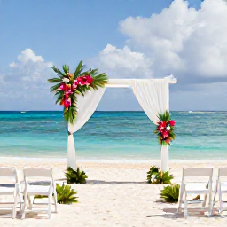 Caribbean Holidays, Cayman Islands Weddings, Elegant beach wedding set-up on Seven Mile Beach in Grand Cayman, with white chairs, tropical flowers and an ocean backdrop
