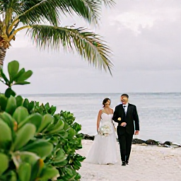 Caribbean Holidays, Cayman Islands Weddings, Happy newlywed couple walking along a Cayman beach after their August ceremony, with tropical greenery and calm sea