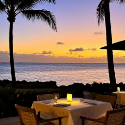 Caribbean Holidays, Cayman January All Inclusive, A relaxed Cayman Islands sunset viewed from a beachfront restaurant, with a table, soft lights, palm silhouettes and calm sea