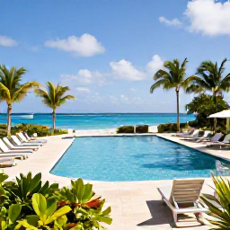 Caribbean Holidays, Cayman January All Inclusive, An inviting all-inclusive resort in Grand Cayman with a swimming pool, sun loungers, tropical planting and the Caribbean Sea beyond
