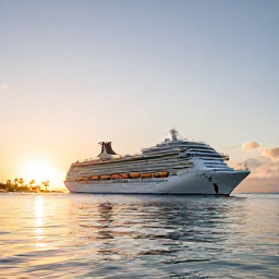 Caribbean Holidays, Cayman January Cruises, Modern cruise ship departing Grand Cayman at sunset, with calm Caribbean water and palm-fringed shoreline